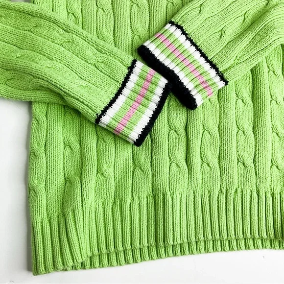 VINTAGE Preppy Lime Green Cable-Knit V-Neck Sweater with Striped Trim - Picture 10 of 11